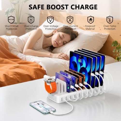 100W Charging Station for Multiple Devices, 10-Port USB Charging Dock Organizer with 10 Cables & Watch Stand, Adjustable Dividers Multi Charger Compatible with iPad/Tablet/iPhone/Android, White - Image 6