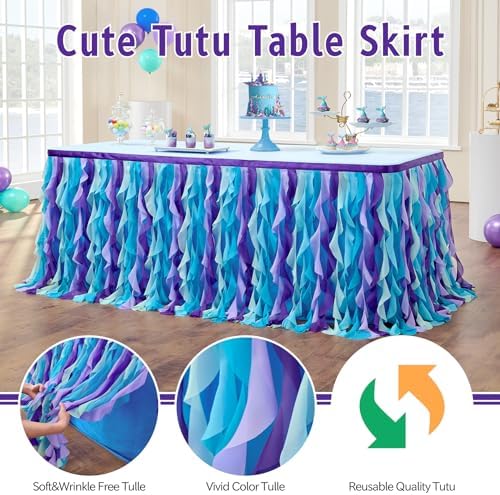 leegleri 9FT/108inch Mermaid Curly Willow Tulle Ruffle Table Skirt Rectangle Tables or Round Tables, Blue Tutu Table Skirt for Baby Shower Baby Shark Birthday Party - Image 4
