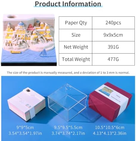 3D Memo Pad with Light,Tear Away 3D Note Pad Non-Sticky Sticky Notes,Creative 3D Art Paper Sculpture Santorini Notepad with Pen Holder Silhouette DIY Decor Gift - Image 6