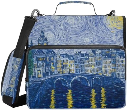 3-Ring Zipper Binder with Shoulder Strap Zip-Up Expanding File Folder Organizer Storage Fireproof Accordion Trapper Keeper Home School Office Three Butterfly (Skyline Canals Bridges Swirling) - Image 2