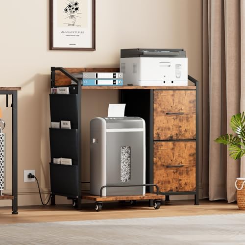 Printer Stand with Fabric Drawers, Lateral Office Filing Cabinets with Power outlets & USB Charging Port, File Cabinet with Large Printer Stands for Home Office, Shredder Stand (Rustic Brown) - Image 2