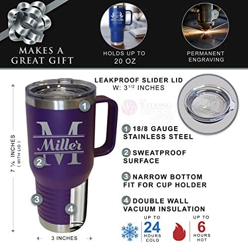 The Wedding Party Store Custom Personalized 20 oz Stainless Steel Powder Coated Vacuum Insulated Double Walled Travel Tumbler Coffee Mug with Handle and Lid (Purple) - Image 3