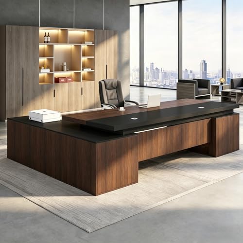 Executive Desk, L Shaped Executive Office Desk with Locking Drawer & File Cabinet, 1'' Thick Desktop, Large Office Desk with Storage, Modern Executive Computer Workstation for Home Office & Business by Unknown
