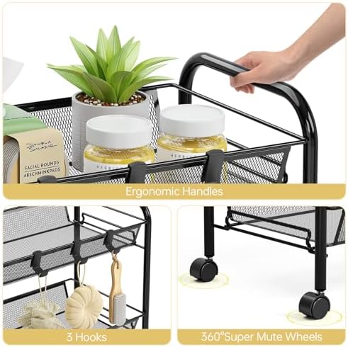TOOLF 5 Tier Rolling Cart, Metal Utility Storage Cart with Wheels, Black - Image 4