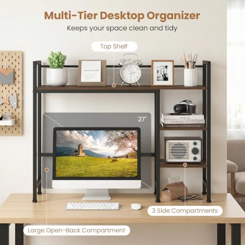 GIANTEX Desktop Bookshelf, 38.5" Dorm Desk Hutch for 27" Monitor (Brown) - Image 5