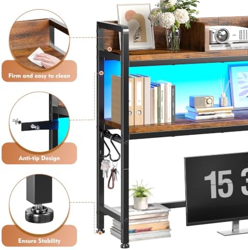REIBII 2-Tier Desk Shelf with LED for Bedroom and Home Office, Rustic Brown - Image 4