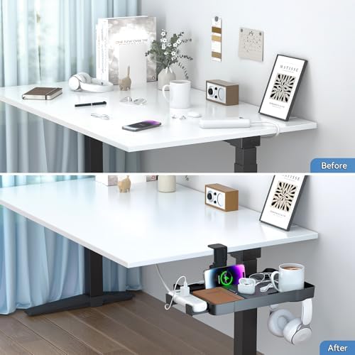 KDD Under Desk Organizer - 360° Rotating Clamp-On Tray with Headphone Hook, Phone & Tablet Holder, Cup Holder, and Cable Management - No Drilling Desk Storage Accessories for Office and Home - Image 5