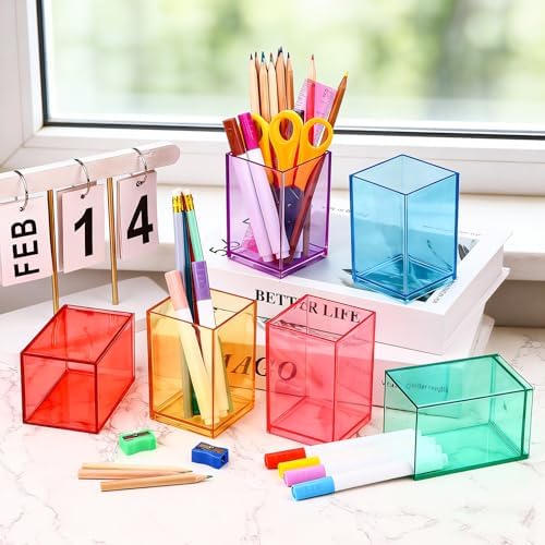 18 Pack Colorful Clear Acrylic Pen Holder Acrylic Square Pencil Organizer Rainbow Colors Pencil Holder Makeup Brush Holder Desk Pencil Cup Stationery Organizer for Desk Dorm Home Office Supply - Image 4