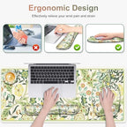 4 in 1 Large Mouse Pad, Keyboard Wrist Rest Set, Ergonomic Mouse Pad with Wrist Support, Desk Mat with Stitched Edges Extended Desk Pad Waterproof Desk Mat for Home Office Game I Green Flower Plants - Image 3