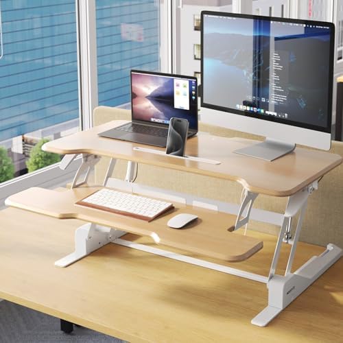 Mount-It! Height Adjustable Standing Desk Converter, 38” Wide, Desk Riser for 2 Monitors, Manual Gas Spring Sit Stand Desktop Raises to 16.9", Fits Two Monitor Screens with Keyboard Mouse Tray Maple - Image 4