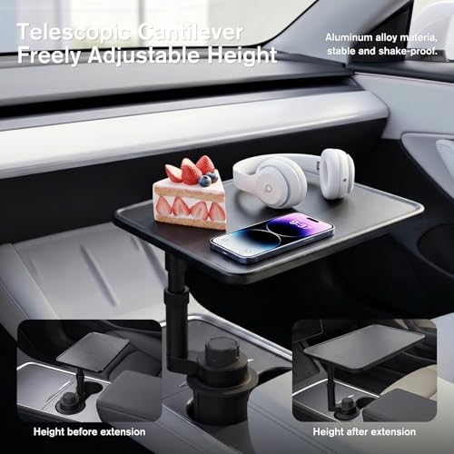 Car Desk for Laptop，Car Tray with 360° Rotating Cup Holder,Adjustable Height, Black Leather Texture Color Compatible with Tesla Model 3/Y/S, Ford，Toyota Sienna/Most Vehicles - Image 4