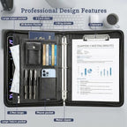 Zippered Padfolio with 3-Ring Binder & Clipboard, PU Leather Portfolio Organizer for Men Women, A4 Document Holder with Phone Pocket Pen Loops Card Slots, Professional Business Interview Folder Black - Image 4