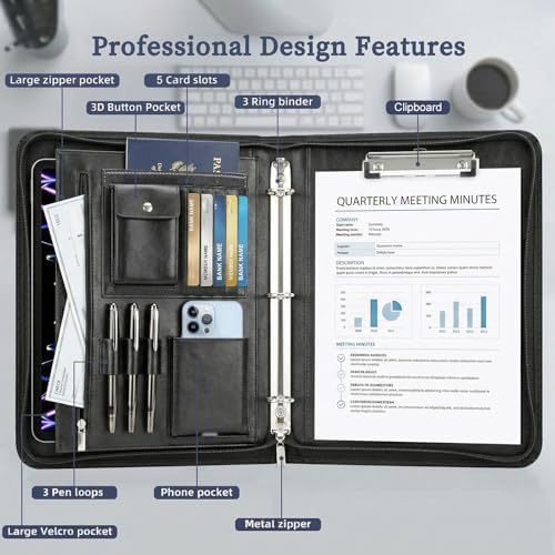 Zippered Padfolio with 3-Ring Binder & Clipboard, PU Leather Portfolio Organizer for Men Women, A4 Document Holder with Phone Pocket Pen Loops Card Slots, Professional Business Interview Folder Black - Image 4