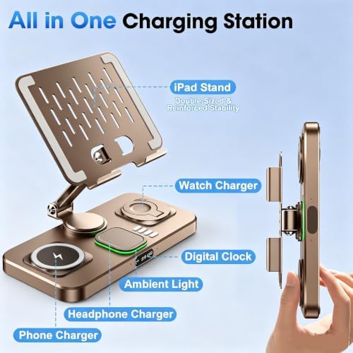 6 in 1 Wireless Charger for Apple Multiple Devices, Charging Station with Clock &7 Color Ambient Light, Foldable Rotate Stand for iPad, for iPhone17/16/15, Support for Apple Watch11/10 For AirPods4 - Image 6