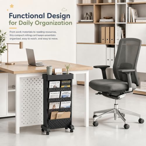 5-Tier Rolling Bookshelf Cart with Wheels, Black - Image 5