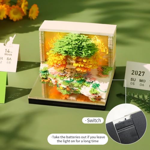 3D Memo Pad Time Piece Calendar 2027, 3D Tear-Off Art Desk Calendar 2027, Creative 3D Memo Pad Paper Art Tree House DIY Paper Carving Decoration (Flowering Tree Island-Green) - Image 6