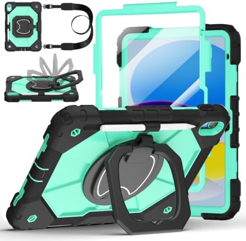 Case for iPad (A16) 11th/10th Generation 11/10.9 Inch 2025/2022, Ubearkk for iPad a16 case with Screen Protector, 360 Degree Rotating Stand Shoulder Strap Pencil Holder,Black Mint by Ubearkk