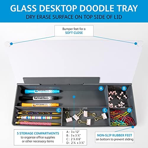 Glassboard Studio Glass Dry Erase Doodle Tray for Desktop Office Supply Storage - Marker and Eraser Included (8 Markers, Gray) - Image 3