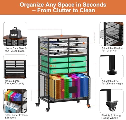 EasyPAG Rolling Cart with Storage Drawer, Under Desk Filling Cabinet with Mail Sorter, Pull Out Hanging File Rack for Letter Size Folders, Mobile Utility Craft Cart for Home Office, Black - Image 4