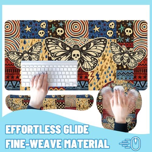 Skull Butterfly Desk Mat Set Vintage Patchwork Large Mouse Pad with Wrist Rest 4in1 Desk Mat for Desktop Ergonomic Computer Desk Arm Wrist Anti-Slip Computer Ergonomic Mouse Pad Home Office Gaming - Image 4