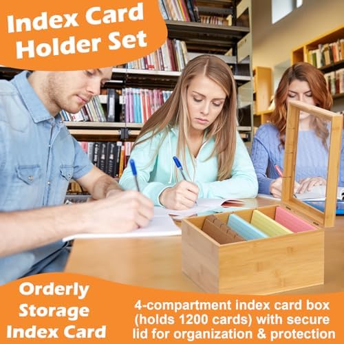 5x8 Index Card Holder with Dividers Bamboo Index Card Storage Box 4 Compartments Recipe Card Box with Lid 150 Index Flash Cards 25 Index Card Dividers 2 Letter smile Stickers for Office Business Home - Image 7