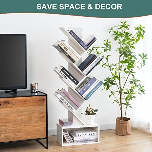 Yoobure Tree Bookshelf, 6 Tier Small Book Shelf Retro Floor Standing Bookcase, Wood Book Storage Organizer Rack, Tall Narrow Bookshelves for Corner/Bedroom/Living Room/Home Office, White - Image 4