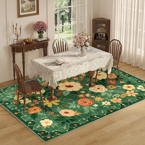 DUKINO 5x7 Area Rug Floral Washable Rug for Living Room Non Slip Dark Green - Image 4