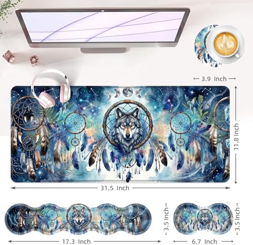 Large Keyboard Mouse Pad Set, Extended Mouse Pad+Keyboard Wrist Rest Support, Memory Foam Ergonomic Easy Typing, 4Pcs (31.5×11.8 in) Desk Pad Set for Office Home,Cool Wolf Dream Catcher - Image 6