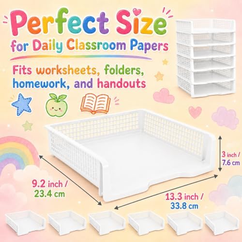6 Pcs White Turn in Trays Classroom, Stackable Paper Bins for Classroom, 13x9x2.8 inch Plastic Baskets Desktop Organization System Office (White) - Image 2