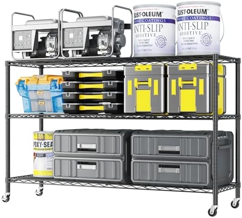 3 Tier Storage Racks Shelving, Heavy Steel Pantry Shelves, Adjustable Wire Shelving Rack with Wheels, Suitable for Garage, Kitchens, Offices, 46" W x 17.7" D x 41" H, Black by Unknown