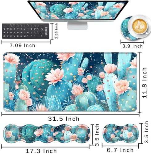 Keyboard Wrist Rest and Mouse Pad with Wrist Support Set Ergonomic Coaster,Memory Foam,Easy Typing Pain Relief,Large XL Desk Mat 31.5"x 11.8",Cute Cactus - Image 2