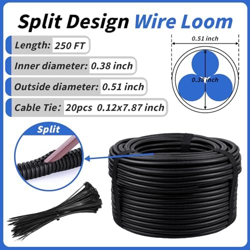 Oleitodh 250 ft 1/2 in OD Split Wire Loom Tubing, with 20 Cable Ties - Image 2