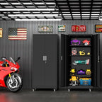 Superday Garage Storage Cabinet with Wheels，73" H Metal Storage Cabinet with Doors and Adjustable Shelves, Lockable Steel Utility Tool Cabinets for Garage, Home Office, Kitchen(Black) - Image 2
