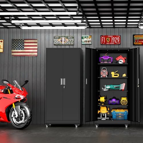 Superday Garage Storage Cabinet with Wheels，73" H Metal Storage Cabinet with Doors and Adjustable Shelves, Lockable Steel Utility Tool Cabinets for Garage, Home Office, Kitchen(Black) - Image 2