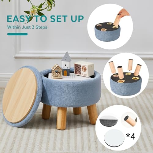 Small Foot Stool Ottoman with Storage, Soft Faux Fur Ottoman Foot Rest for Couch, Round Footstool with Storage, Small Ottomans and Footstools for Living Room and Entryway (Light Blue) - Image 4
