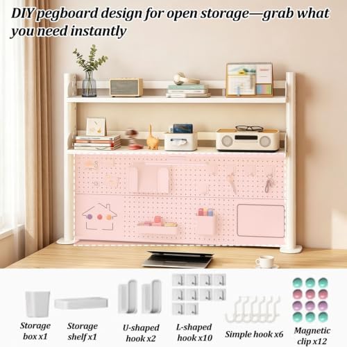 Metal Desktop Bookshelf with Pegboard, Clamp on Desk Organizer Shelf, Multi-Tier Desktop Hutch for Dorm Room, Countertop Storage Display Rack, Desktop Bookcase for Study Offices - Image 3