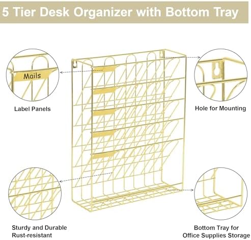 TQVAI Wall File Organizer, 5 Tier Hanging File Organizer with Bottom Tray, No Assembly Required Metal Wall Mount File Holder for Office Home Classroom, Gold - Image 4