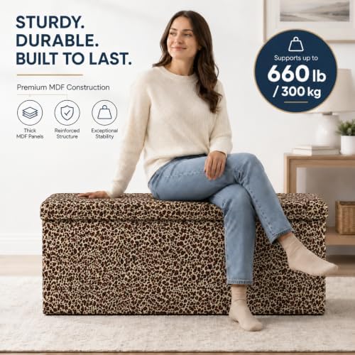 ALASDO 43 Inch Folding Storage Ottoman Bench with Hidden Storage, PU Leather Ottoman Foot Rest Stool, End of Bed Bench for Bedroom, Living Room, Entryway and Closet, Leopard Print - Image 4