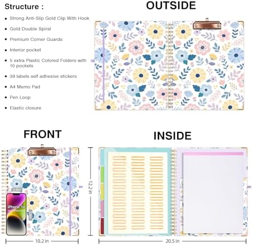 Ospelelf Clipboard with Storage 8.5 X 11，Padfolio Organizer, Spiral Portfolio Letter Size with Notepad, Pen Holder, 5 Extra Folder Divider Pages, Elastic Closure Nurse Office Essentials Daisy - Image 2