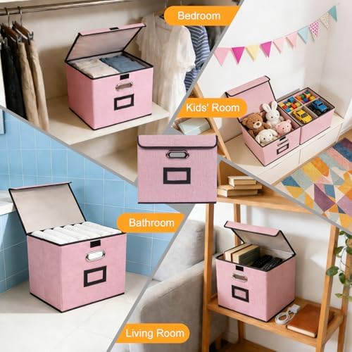 Large Square Storage Bin with Lid, Foldable Organizer Box with Handles & Label Design, for Office, Closet, Home, Documents, Pink, 12.20 x 10.63 x 10.63 Inches, 4 Pack - Image 6
