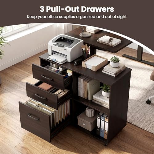 Giantex 3-Drawer Mobile File Cabinet, Rolling Printer Stand with Open Storage Shelves, Under Desk Lateral Filing Cabinet for Letter/A4 Size, Wooden Office Organizer with Wheels for Home Office (Brown) - Image 6