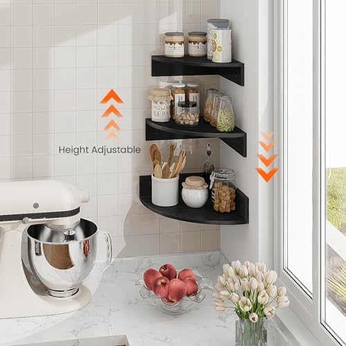 Homode Corner Floating Shelves, Set of 3 Corner Shelves Wall Mounted with Cable Hole, 3 Tier Wooden Hanging Corner Storage Shelf for Bedroom, Living Room, Kitchen, Black - Image 6