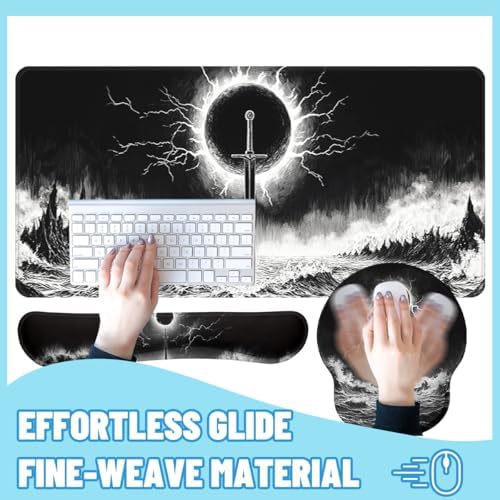 Fantasy Sword Desk Mat Set Dark Eclipse Ocean Storm Mouse Pad with Wrist Rest 4in1 Desk Mat for Desktop Ergonomic Computer Desk Arm Wrist Anti-Slip Computer Ergonomic Mouse Pad Home Office Gaming - Image 4