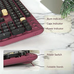 Retro Wireless Keyboard and Mouse Combo with Wrist Rest (Claret-Red) - Image 4