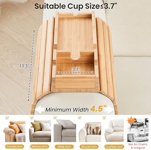 GEHE Couch Cup Holder, Anti Falling Sofa Arm Tray, Natural Bamboo Sofa Cup Holder More Safe for You Family, Portable Couch Arm Tray Armrest Table for Remote, Snacks, Phone, Drinks - Image 4