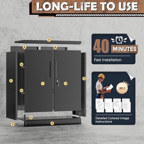 INTERGREAT Steel Storage Cabinet with Lock, Lockable Metal Storage Cabinets with 2 Adjustable Shelves, Black Counter Height Garage Cabinet - Image 6