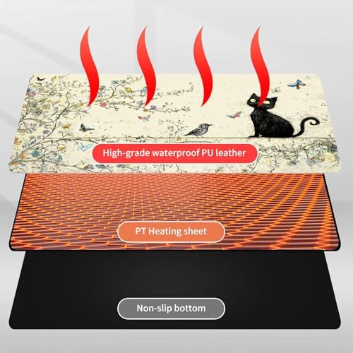 Heated Mouse Pad Hand Warmer, Warm Desk Pad Mousepad Desk Mat with 3 Levels Heating and Auto Shut Down 31.5 x 13 inch PU Leather Warmer Keyboard Mat for Gaming Laptop Office Home, Cute Black Cat - Image 4