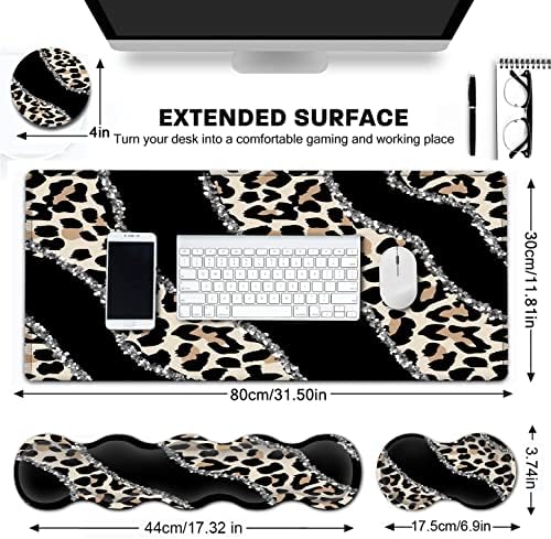 Black Large Gaming Mouse Pad - 31.5x11.8, Ergonomic Memory Foam Wrist Rest Support, Non-Slip Base, Leopard Design - Image 2