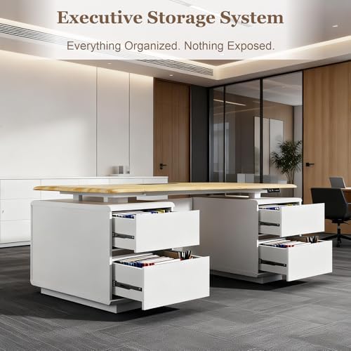 SAINTCY 70.8" Executive Sit-Stand Desk with Storage, Modern White Electric Height Adjustable Office Desk, Dual Drawer Pedestals, Acoustic Privacy Panels, Large Executive Desk for Office & Home Office - Image 4