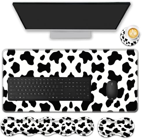 Mouse Pad Set,(31.5×11.8 in) Desk Pad + Keyboard Wrist Rest Support + Mouse Wrist Rest + Coaster for Office,Home,Computer,Laptop - 4 Cute Cow Pattern by FGDRFGRW